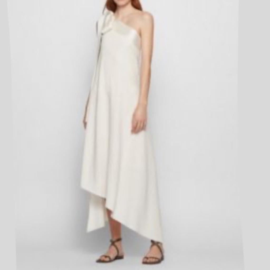 Hugo Boss Ivory One-Shoulder Tie-Neck Maxi Dress In Size 4